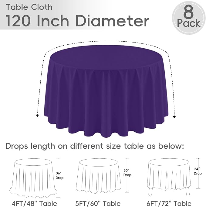 8 Pack Round Tablecloth 120 Inch Cloth Purple Tablecloth for Round Tables, Washable Polyester Table Cloth Stain and Wrinkle Resistant Decorative Table Cover for Wedding Party Dining Banquet