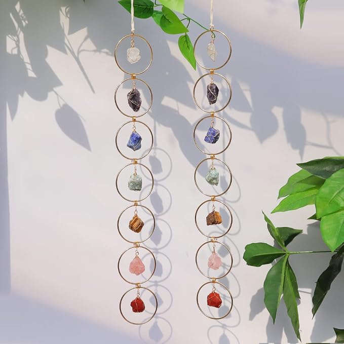 7 Chakra Crystal Hanging Ornament, Unique, Spiritual Boho Wall Decor, Raw Chakra Stones Amethyst Suncatcher, Rose Quartz Healing Crystal (Gold)