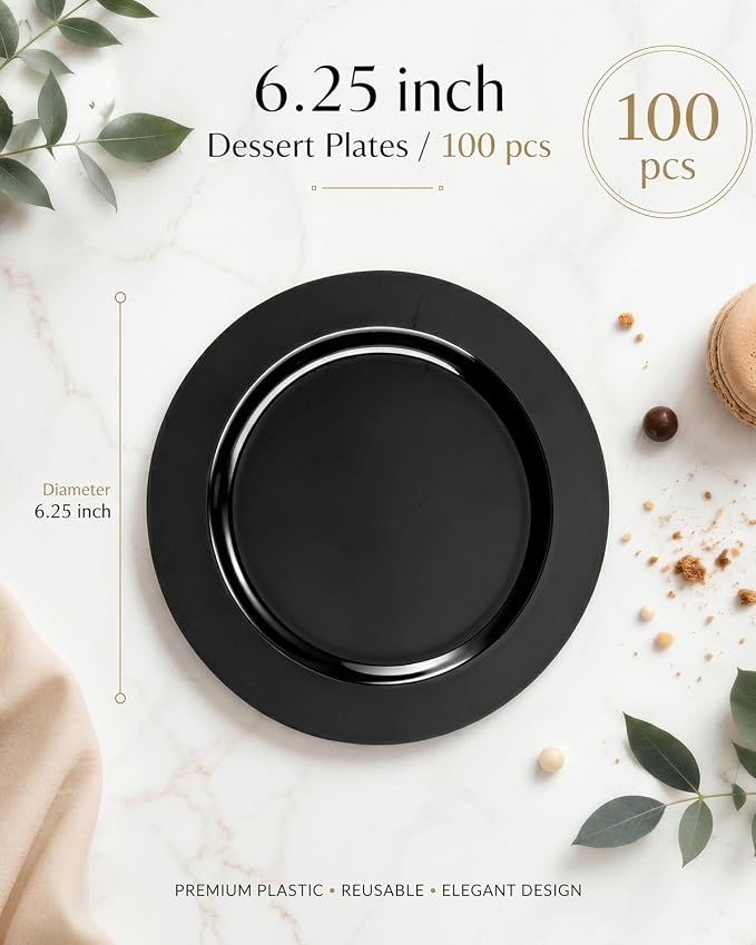 bUCLA 100 Pieces Black Plastic Plates - 6.25 inch Disposable Dessert/Salad/Appetizer/Small Cake Plates for Party, Graduation & New Year