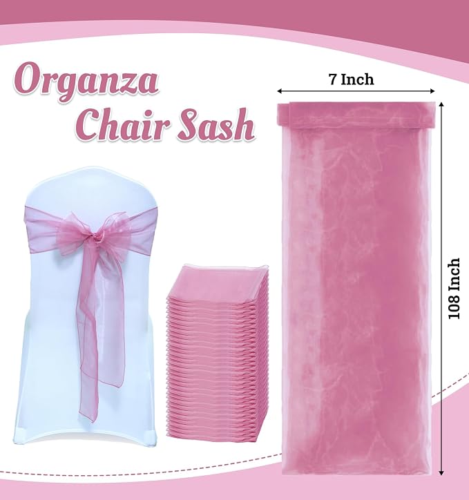 MDS® Pack of 150 Organza Chair Sashes for Wedding Decoration, Reusable Sheer Chair Bows for Banquet Chair Cover, Reception, Bridal Shower, Baby Shower, Birthday Party & Special Events - Dusty Pink