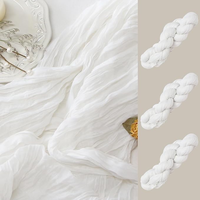 FEXIA 3 Pack White Cheesecloth Table Runner 35x120 Inches for Baby Shower Decoration Spring Easter Ivory Table Runner for Wedding Party First Communion Centerpiece Engagement Bridal Shower Decoration