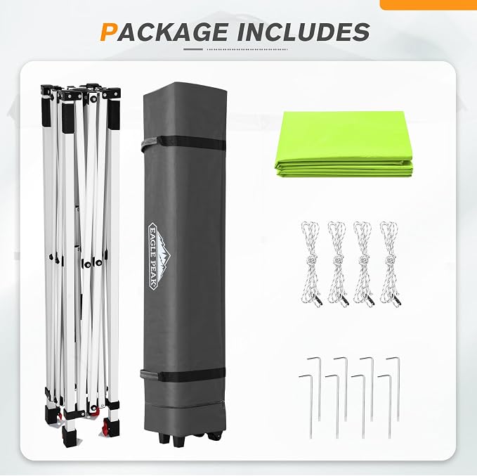 EAGLE PEAK Pop Up Canopy Tent with Wheeled Carry Bag, 8 Stakes, 4 Ropes, Easy Set Up Tent Canopy, 6.6x6.6 ft, Neon Green
