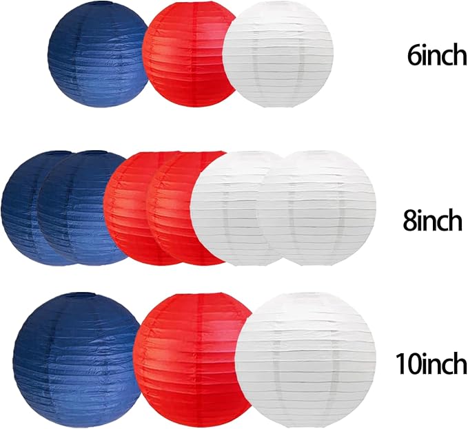 Red Blue and White Paper Lanterns (12 Pack) - Hanging Paper Lanterns for Veterans Day,July 4th Party,Memorial Day,Independence Day Party Decoration