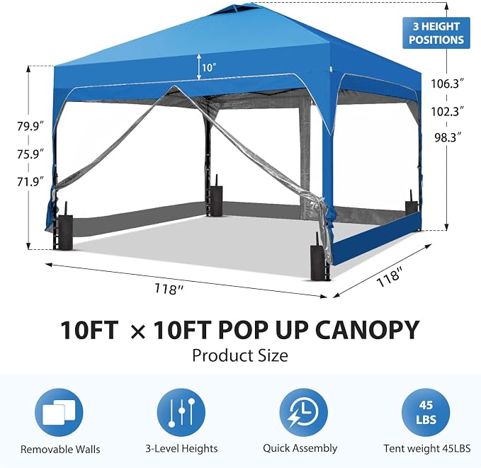 10x10FT Canopy Tent, 1-Button Push Instant Pop Up Canopy with 4 Sandbags, Easy Setup Outdoor Gazebo Shelter (Blue, 10x10 with PVC Sidewalls)