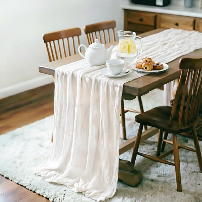 LINXTAR Ivory Cheesecloth Table Runner 160 Inches 14Ft Gauze Summer Boho Table Runner for Wedding Tea Party Baby Shower Bridal Birthday Home Decoration