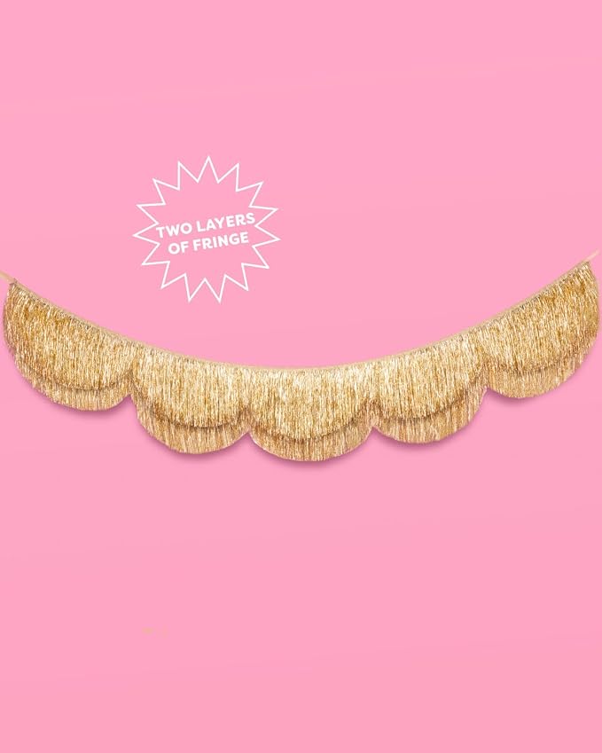 xo, Fetti Gold Scalloped Layered Fringe Banner - 5 Ft. | Bachelorette Party Decorations, Birthday Party Decor, HBD Decor, Photo Booth Banner Backdrop