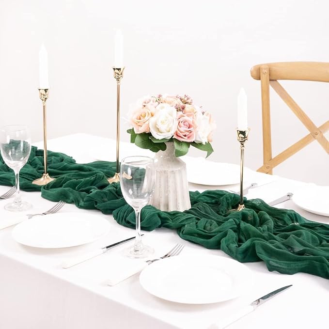 MLMC Emerald Green Table Runner Boho Dark Green Cheesecloth Table Runner 10ft Sheer Gauze Cheese Cloth Decorations for Wedding Bridal Shower Home Party Decor