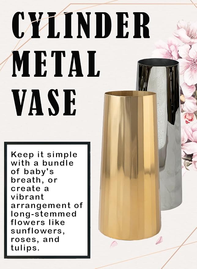 Serene Spaces Living Small Silver Cylinder Metal Vase, Elegant Flower Vase for Wedding, Anniversary, Home Decor, Table Centerpiece for Coffee Table, Dining Table, Countertop, 2.25" Diameter & 6" Tall