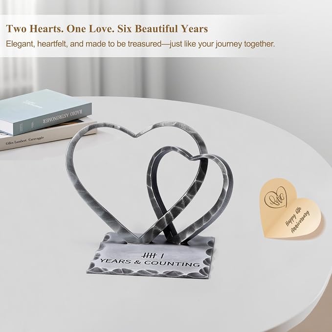 Vastsea 6 Year Anniversary Iron Gifts for Him Her - 6th Anniversary Wedding Handcrafted Hearts Sculpture for Couple Wife Husband, with Card & Gift Box