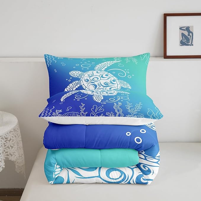 Feelyou Sea Turtle Comforter Set King Size Kids Ombre Art Comforter for Boys Girls Teens Marine Themed Bedding Set Underwater Animal Duvet Set Ocean Creature Quilt