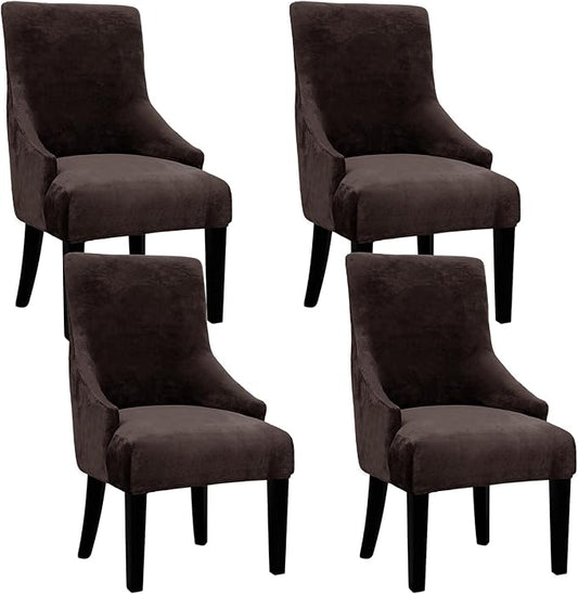Velvet Wingback Dining Chair Cover Soft Stretch Accent Chair Cover Slipcover Thick Plush Wing Back Chairs Covers Furniture Protect Washable Chairs Protector Covers for Dining Room (Dark Brown, 4)