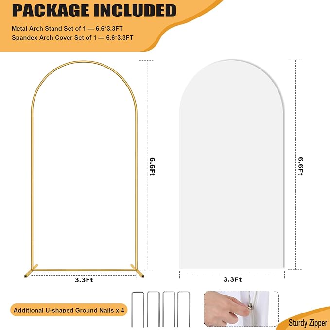Arch Backdrop Stand and Cover Set 6.6FT, Metal Arch Stand & Cover Set with Ground Nails White Spandex Fitted Arch Covers Stretchy Backdrop with Zipper for Wedding Birthday Party Baby Shower Banquet