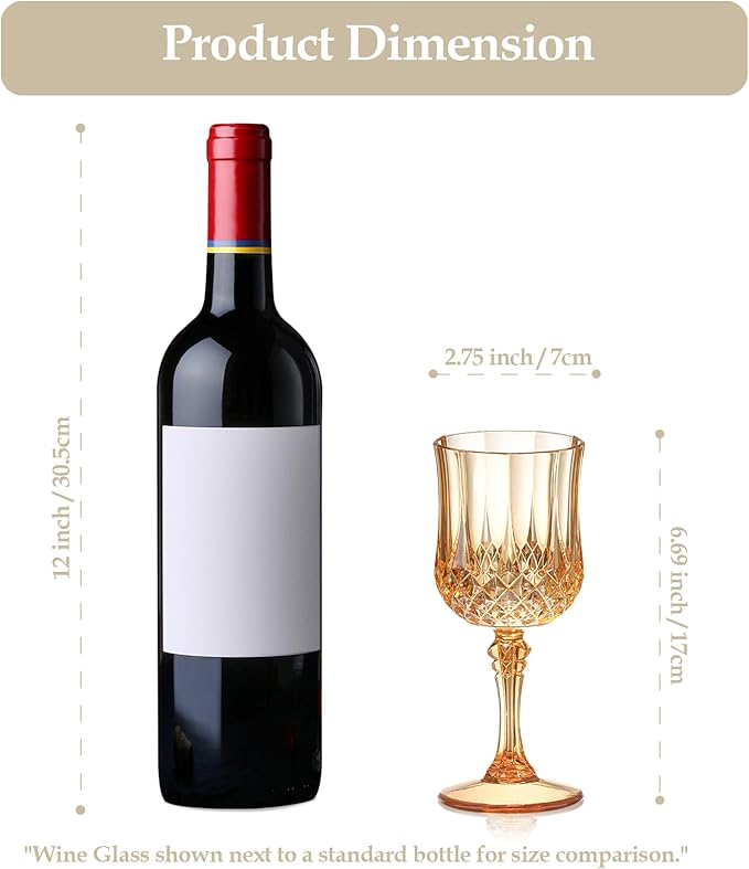 XUWAIDSGN 48 Pcs 7oz Plastic Vintage Wine Glasses Drinking Glasses Unbreakable Wedding Glassware Crystal Water Goblets Reusable Drinkware Vintage Champagne Flutes (48, Amber)