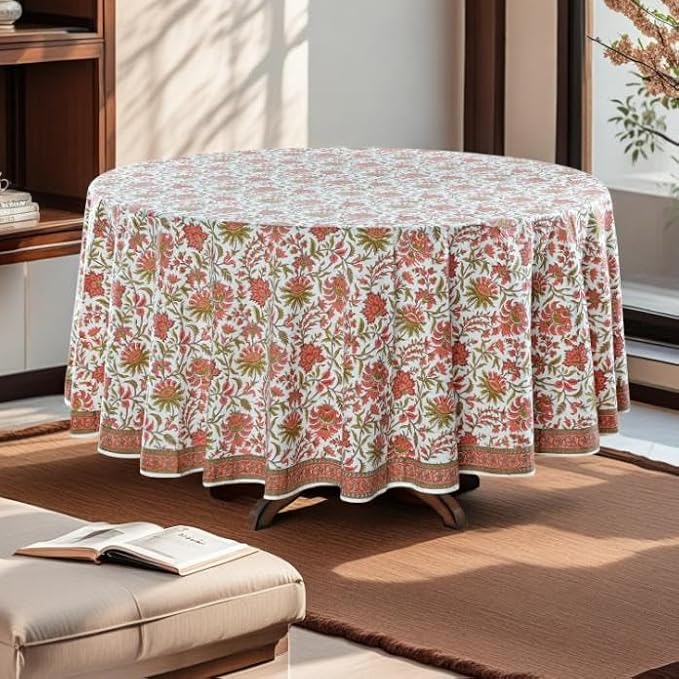Ridhi Round Tablecloth Hand Block Print 100% Cotton Reusable New York Pink 132 Inch Table Cover Decorative Everyday Use for Dining, Home, Party, Wedding, Farmhouse, Party Gift for Spring, Mother's Day