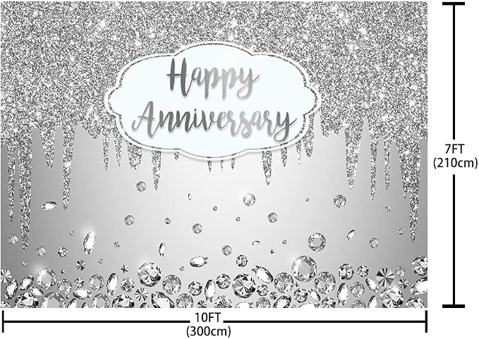 AIBIIN 10x7ft Happy Anniversary Backdrop Silver Dripping Glitter Crystals Photography Background Cheers to Wedding Anniversary Party Decorations Banner Photo Props