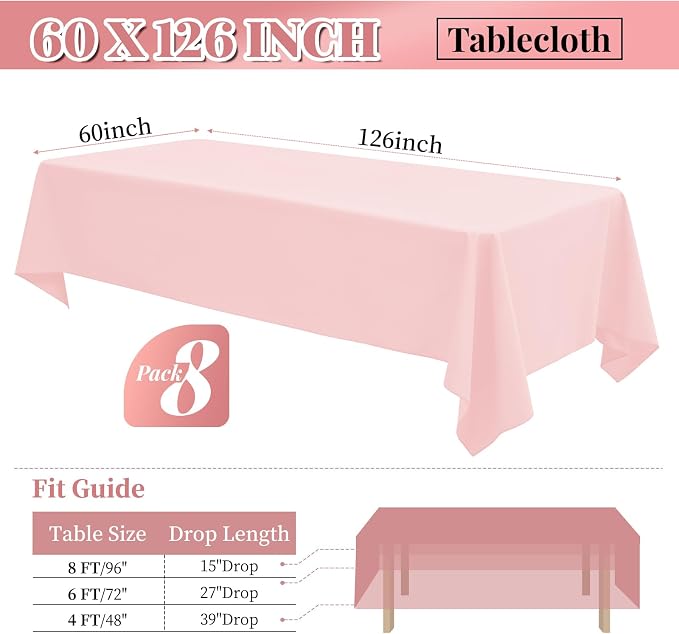 fani 8 Pack Polyester Tablecloth 60 x 126 Inch Pink Tablecloth for 8 Ft Rectangle Tables,Stain and Wrinkle Resistant Washable Fabric Table Covers Polyester Table Clothes for Wedding Parties Banque