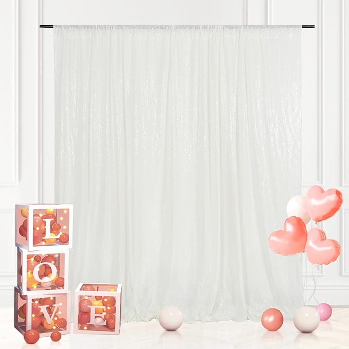Eternal Beauty White Sequin Backdrop, 8x8 Ft Glitter Background Curtains for Christmas Shimmer Photography Party Wedding Birthday Back Drop Decor