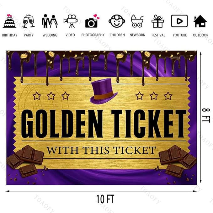 10x8FT Golden Ticket Backdrops Chocolate Factory Backdrop Candy Photo Backdrop for Birthday Kids Girls 1st Party Decorations Banner Photo Props Supplies TAYBDJ857