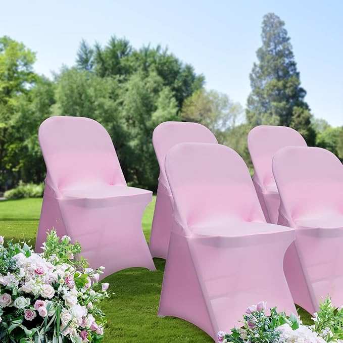 Babenest Spandex Folding Chair Covers Upgraded 10 PCS Universal Stretch Washable Fitted Chair Slipcovers Protector for Wedding, Holidays, Banquet, Party, Easter Celebration (Pink)