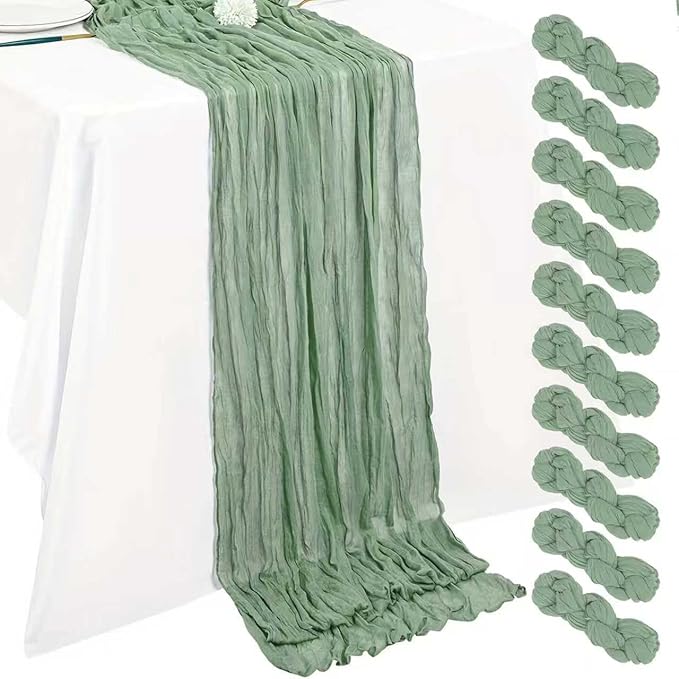 Cheesecloth Table Runner 10ft Rustic Gauze Cheese Cloth 35 x 120 Inches Long for Christmas Wedding Bridal Baby Shower Birthday Table Decorations (Sage Green, 10 Pack-10FT)