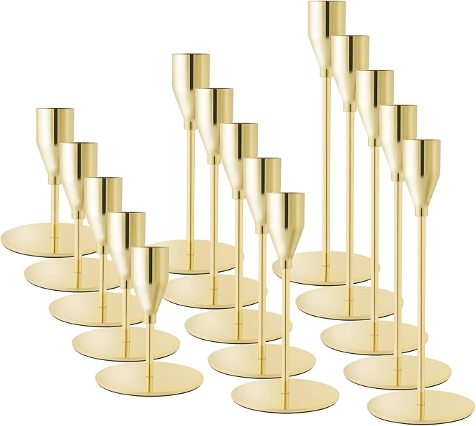 Gold Tall Taper Candle Holders,Set of 15,Modern Metal Candlestick Holders, Wedding Table Centerpiece,Mantel Decor, Elegant Home Dinner Party Housewarming Anniversary Festival Decorations