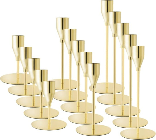Gold Tall Taper Candle Holders,Set of 15,Modern Metal Candlestick Holders, Wedding Table Centerpiece,Mantel Decor, Elegant Home Dinner Party Housewarming Anniversary Festival Decorations
