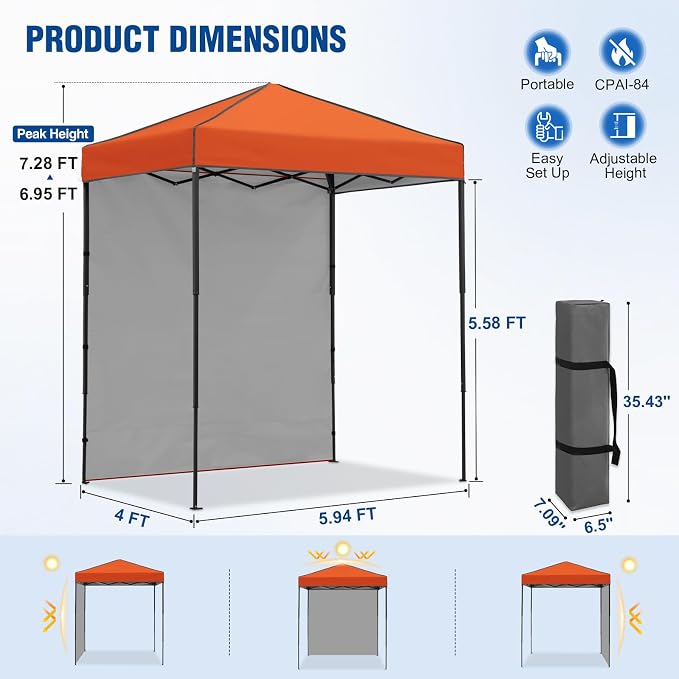 6x4 Pop Up Canopy Tent with One Wall Panel, Instant Portable Beach Canopy, Outdoor Tent with Carry Bag for Camping, Sports, Tailgating, Events, Orange