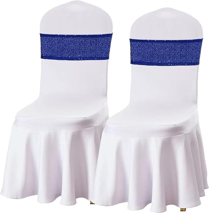 SquarePie Pack of 10 Sequin Chair Sashes Shiny Navy Blue Bows Bands for Wedding Banquet Party Decor