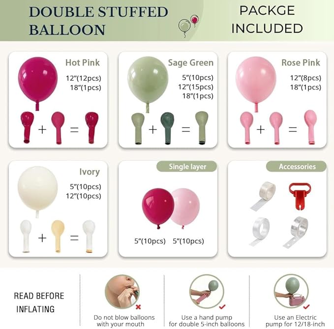 Hot Pink and Sage Green Balloon Garland Arch Kit, Double Stuffed Dusty Green Magenta & Ivory Balloon Decorations for Baby Shower, Garden Bridal Wedding, Mother's Day, Birthday, Boho Tea Party