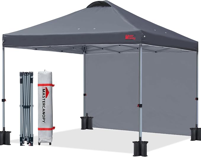 MASTERCANOPY 8x8 Pop Up Canopy Tent with 1 Sidewall, 1 Person Setup Instant Shelter, Outdoor Portable Beach Canopy, 1 Roller Bag, 4 Sandbags, 4 Ropes, 8 Stakes (8x8, Dark Grey)