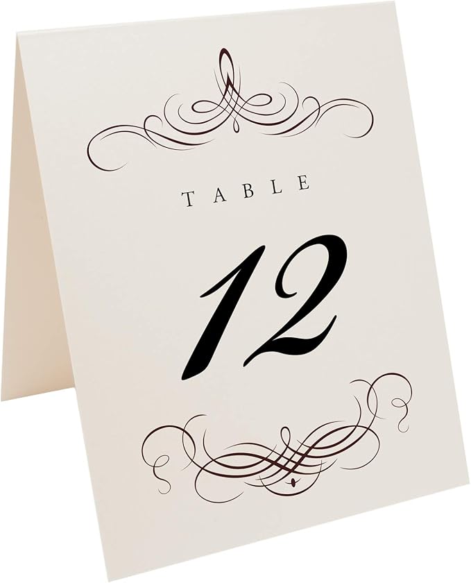 Decadent Flourish Wedding Table Numbers (Select Color/Quantity), Champagne, Chocolate, 1-125, Double Sided, Tent or Use in a Stand, Great for Parties & Restaurants
