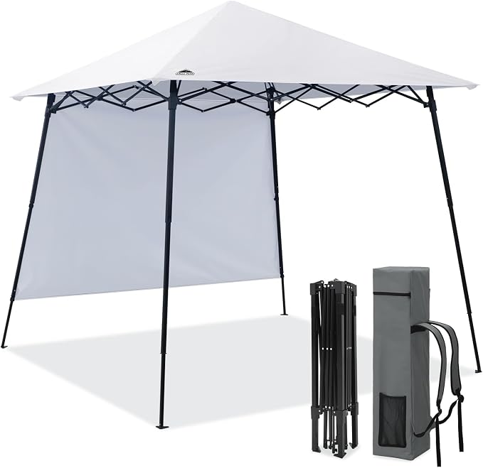 EAGLE PEAK 8x8 Pop Up Canopy Tent with Extended Eaves & Sidewall, Compact, Portable, Easy Setup Slant Leg Instant Shelter for Beach, Sports, & Camping, 8x8 Base 7x7 Top, White