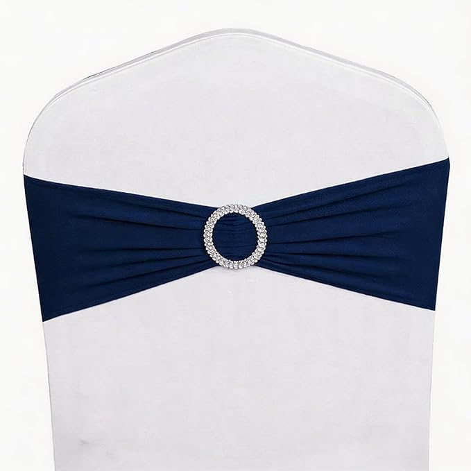 Pack of 50 Spandex Navy Blue Chair Sashes for Party Decorations, Elastic Chairs Bands with Buckle Slider, Chair Bows for Wedding Reception, Without White Seat Covers (Navy)