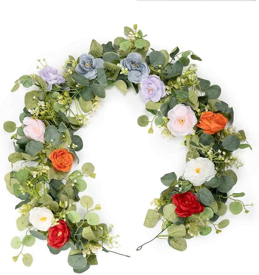 2Pcs(10FT) Artificial Eucalyptus Garlands with Rose Flowers, Faux Floral Greenery Garland Fake Flower Vines for Valentine's Day Wedding Table Arch Party Anniversary Backdrop Decor (Colorful)