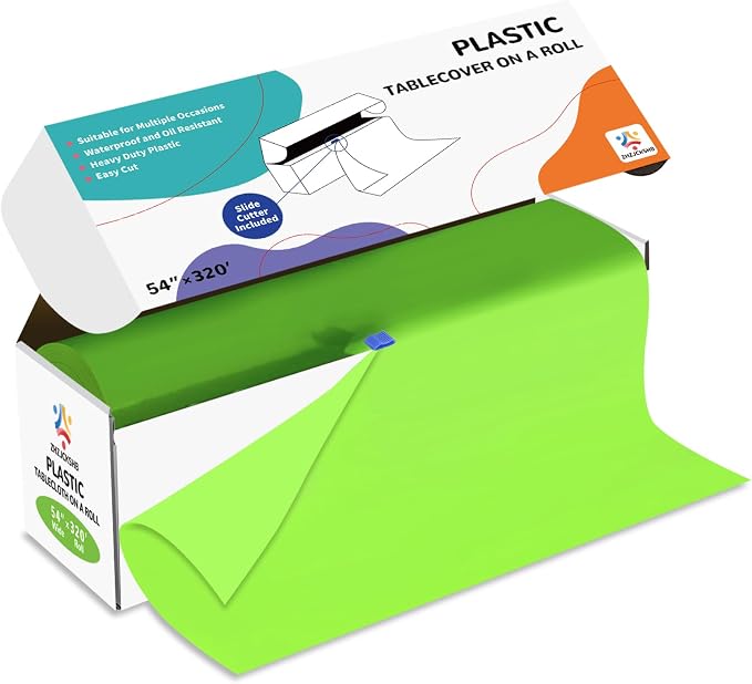 54IN X 320FT Plastic Table Cover Roll with Cutter Box, Cut to Size Plastic Table Cloths for Parties, Birthday, Disposable Tablecloth Roll for All Shape Tables (Lime Green, 54 Inch X 320 Feet)