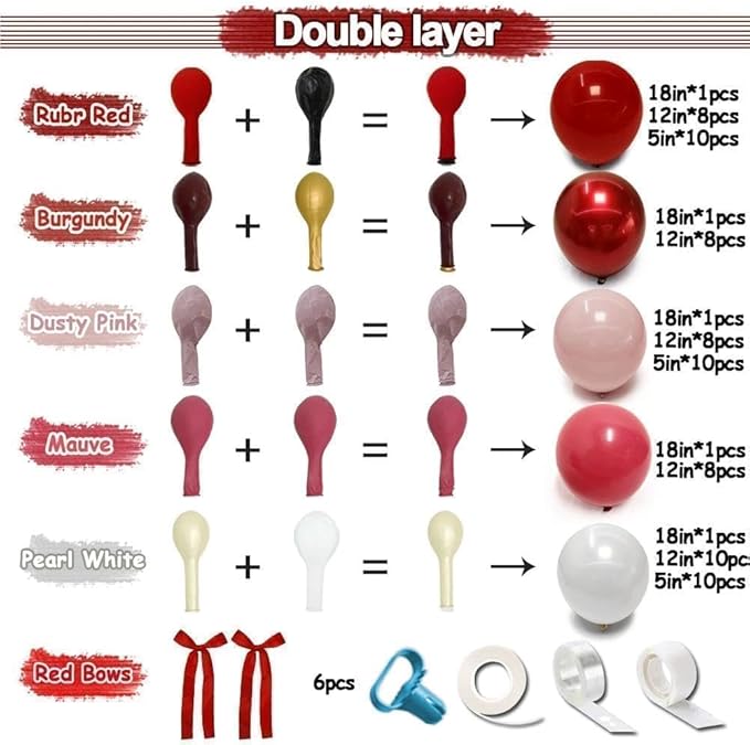 Red Pink Balloon Arch Kit Double Stuffed Dark Red Pink Burgundy White Pearl Balloon Garland With Bows for Valentine Mothers Day Wedding Bridal Shower Engagement Anniversary Mom Birthday Party Decor
