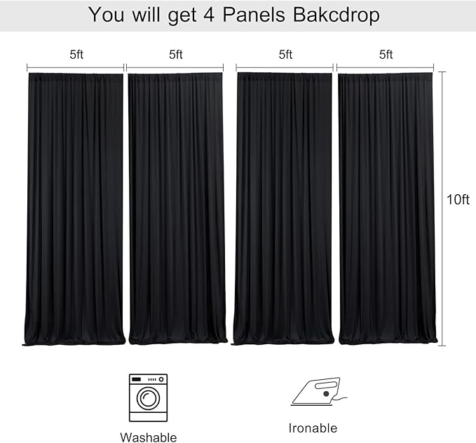 20ft x 10ft Wrinkle Free Black Backdrop Curtains for Parties, 4 Panels 5x10ft Silky Polyester Black Photo Backdrop Drapes for Wedding Graduation Birthday Party Photography Background