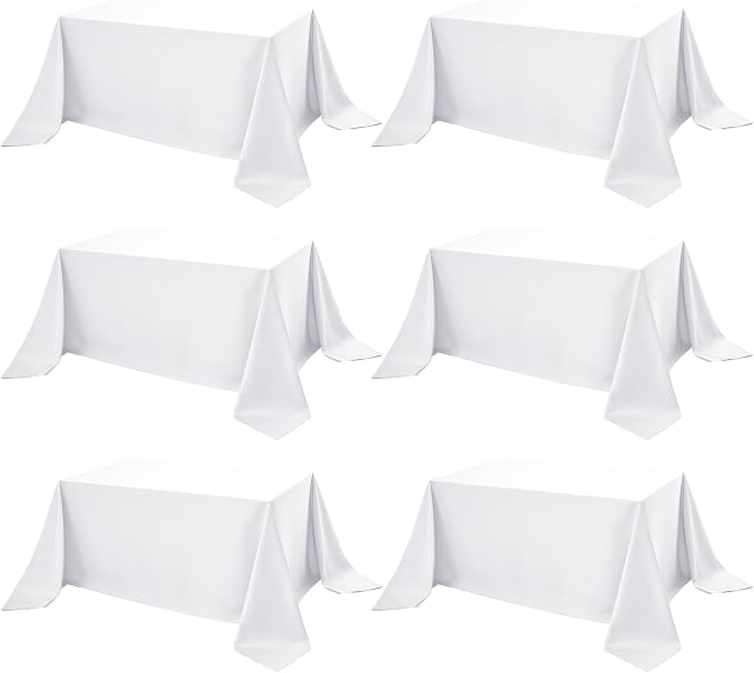6-Pack White Tablecloths for Rectangle Tables, 90 x 132 Inches, Stain-Resistant Polyester Fabric for 8 Foot Tables - Washable Table Covers for Weddings, Banquets, Birthday Parties, Events