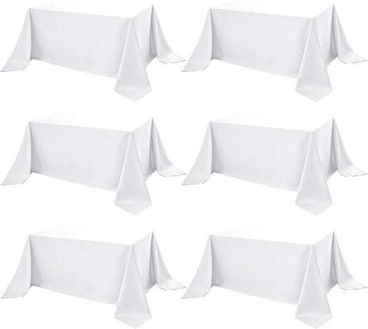 6-Pack White Tablecloths for Rectangle Tables, 90 x 132 Inches, Stain-Resistant Polyester Fabric for 8 Foot Tables - Washable Table Covers for Weddings, Banquets, Birthday Parties, Events