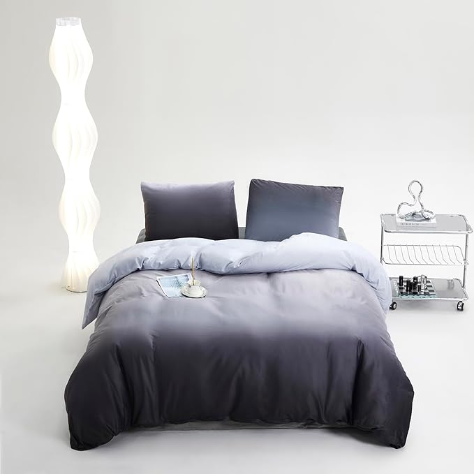 KAREVER Gray White Gradient Comforter Set King Gray Velvet Bedding Comforter Modern Plain White and Deep Gray Gradient Soft Quilt Farmhouse Flannel Comforter Warm King Bed Comforter