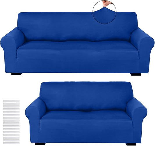 Peryiter 2 Pcs Sofa Covers Couch and Loveseat Covers Set Stretch Sofa Slipcover for Living Room Armchair Furniture Protector, Wrinkle Proof(Classic Blue,Milk Silk)