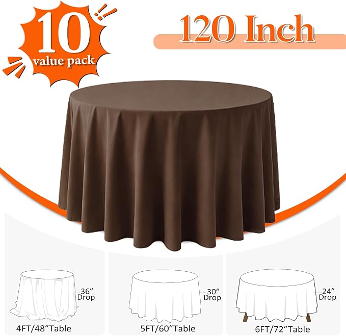 10 Pack Brown Round Tablecloth 120 Inch Round Table Cloth Wrinkle Resistant Brown Tablecloth Washable and Reusable Polyester Fabric Table Covers for Banquet Wedding Party Dining Buffet