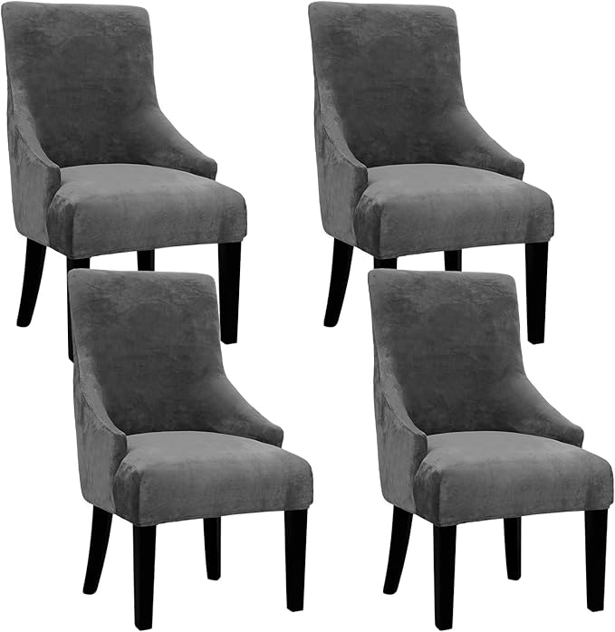 Velvet Wingback Dining Chair Cover Soft Stretch Accent Chair Cover Slipcover Thick Plush Wing Back Chairs Covers Furniture Protect Washable Chairs Protector Covers for Dining Room (Dark Grey, 4)