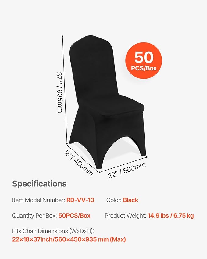 VEVOR 50 Pcs Black Chair Covers Polyester Spandex Stretch Slipcovers for Wedding Party Dining Banquet Arched-Front Chair Covers