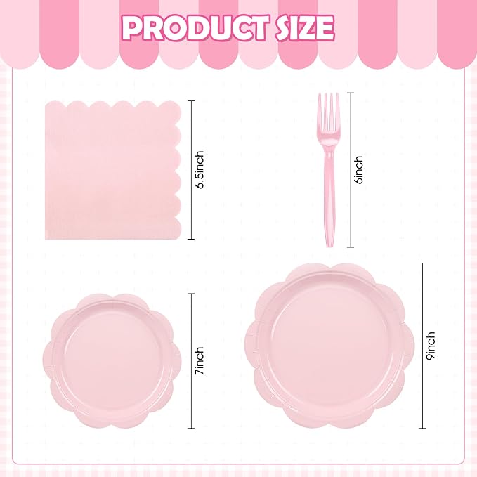 96 Pcs Pink Paper Plates and Napkins Set Party Supplies, Tableware set for 24 Guest include Disposable Pink Scalloped Plates, Napkins and Forks for Baby Shower Bridal Shower Wedding Birthday