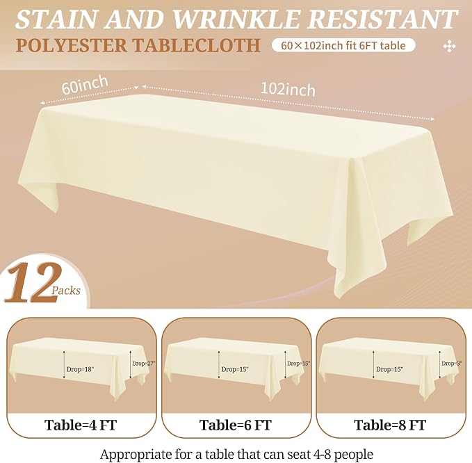 12 Pack Polyester Tablecloth -60 x 102 Inch Beige Table Cloth for 6 Feet Rectangle Tables, Stain and Wrinkle Resistant Washable Fabric Table Cover for Wedding Party Banquet Restaurant Kitchen