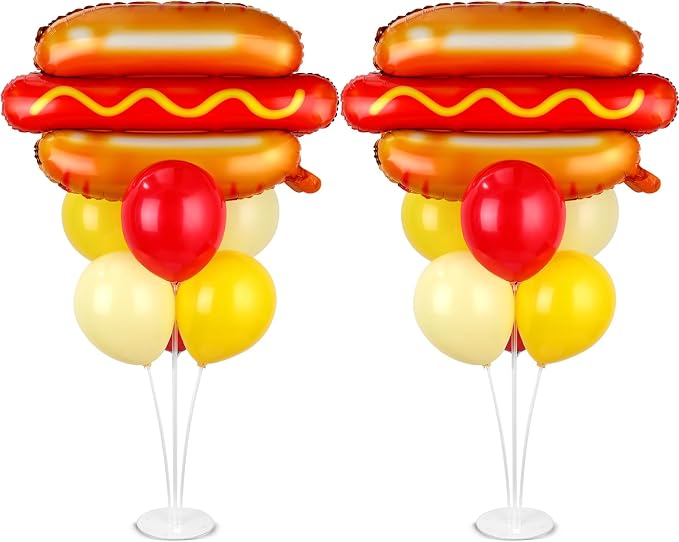 Hot Dog Party Balloons Stand Kit 2 Sets with 2 Food Shaped Foil Balloons Picnic Burger Themed Balloon Centerpiece for Tables for BBQ Birthday Party Supplies Baby Shower Hot Dog Themed Decorations