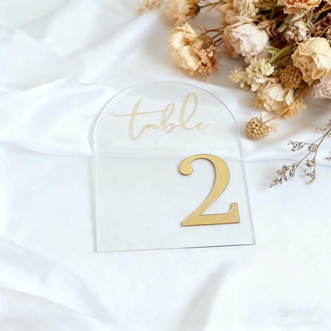 Wedding Table Numbers 1-10 with Holders, 5 x 7 Inch Transparent Acrylic Reception Table Signs Golden Letters, Number Cards for Party, Restaurant