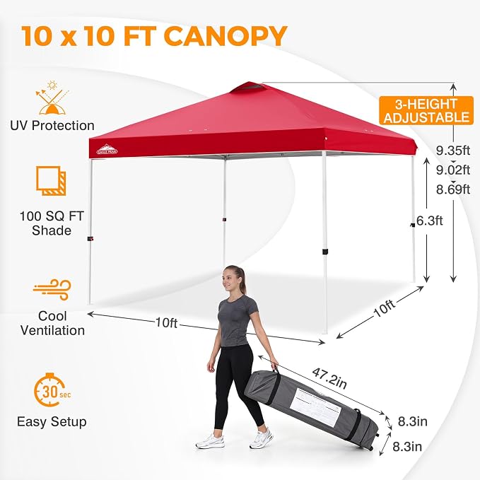 EAGLE PEAK Pop Up Canopy Tent with Wheeled Carry Bag, 8 Stakes, 4 Ropes, 4 Weight Bags, Easy Set Up Tent Canopy, 10x10 ft, 100sqft of Shade, Red