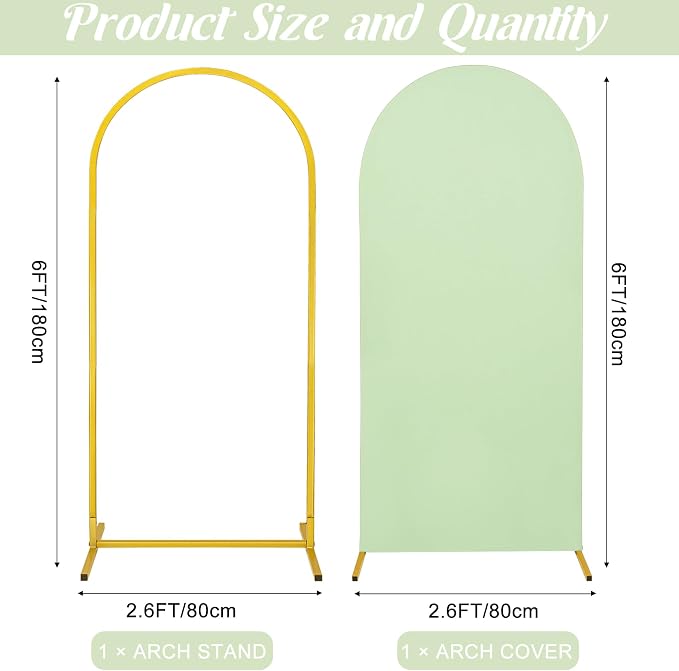 Metal Arch Stand and Cover Set,1 Sage Green Spandex Fitted Backdrop with 1 Gold Wedding Arched Stand Frame for Parties Birthday Baby Shower Bridal Banquet Decoration (6FT)